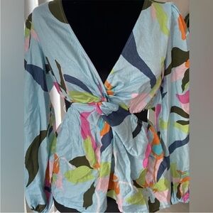 A New Day Women's Blue Floral Long Sleeve Cut Out Blouse